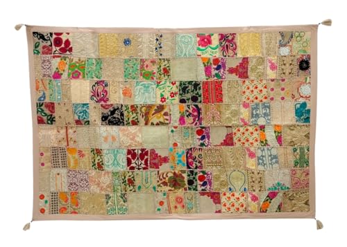 Image of Ekam Art Rajasthani Handmade Embroidery Cotton Patchwork Tapestry Cotton Wall Decor Hanging Beaded Tapestries 40 x 60 Inch (Beige)