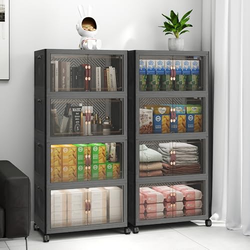 Image of UAMFURI Stackable Storage Bins with Lids, 384QT Lockable Storage Cabinet | Folding Storage Box with Doors and Wheels, Collapsible Plastic Drawers for Home, Garage, Office