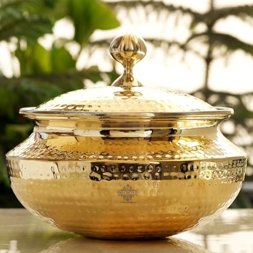 Image of INDIAN ART VILLA Brass Handi for Cooking with Tin Lining Inside, Degchi /Sipri, Ideal for Biryani, Cooking & Serving, Premium Brass Utensil, Volume - 15000 ml