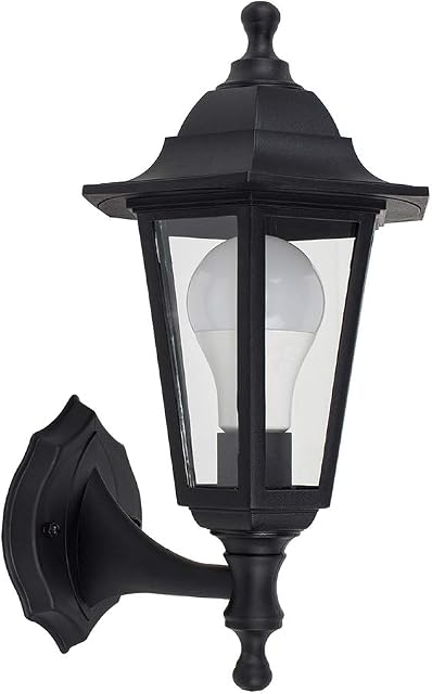 MiniSun Traditional Style Black Outdoor Security IP44 Rated Wall Light Lantern - Complete with a 15w LED GLS Bulb [6500K Cool White]