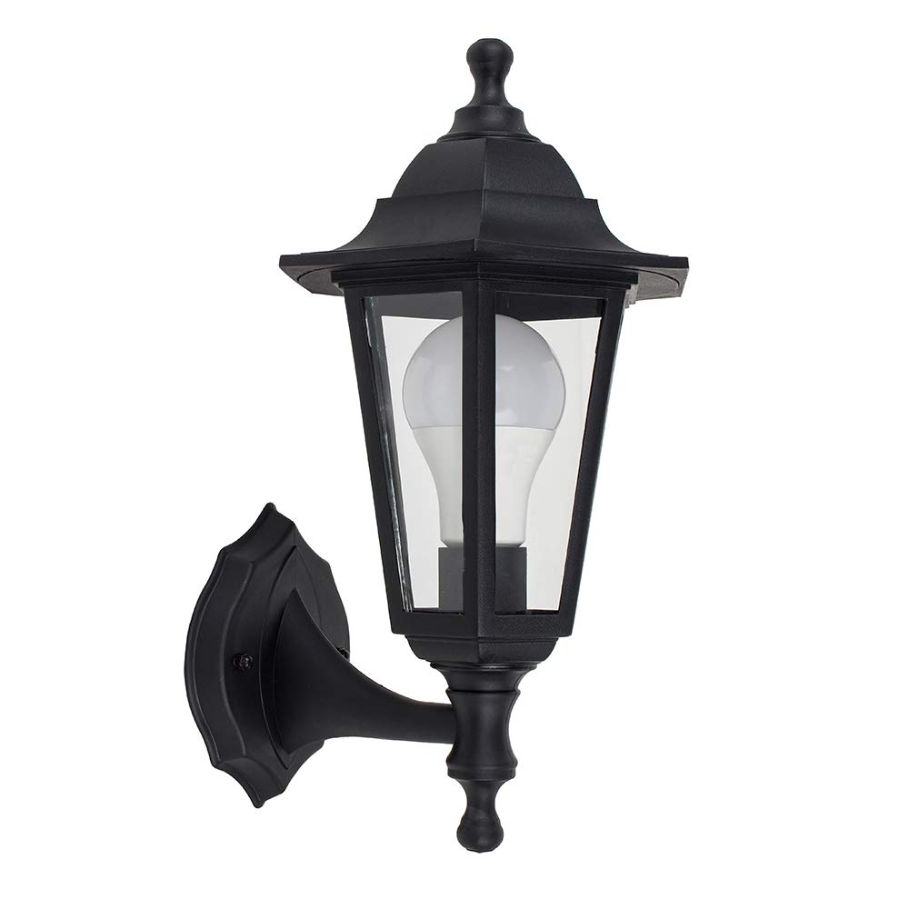 MiniSun | Traditional Style Black Security Wall Lantern | Outdoor Wall Lights, Home Décor & Improvement Essential | Includes 15W LED Bulb [6500K Cool White] | Mains Wired