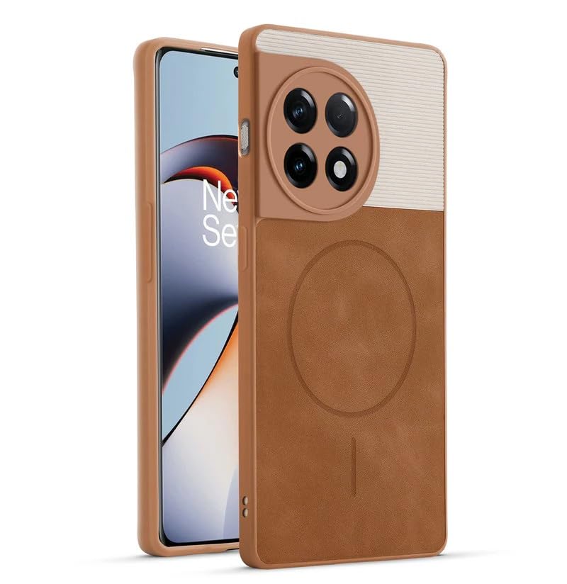 Image of Bintage CASE Mac Safe Design Hard Light Weight Back Case | Soft Border Camera Protect | Dual PU Leather Finish Back Cover Compatible for OnePlus 11R 5G - White & Brown