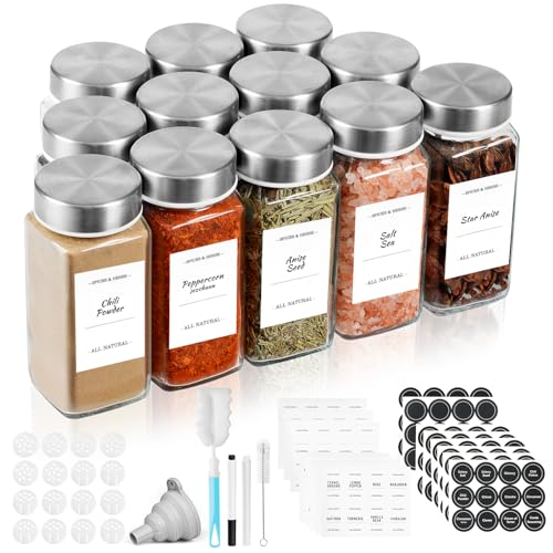 FRIBERG Pot a Epices,Lot De 12 X 120ml Pot à épices Verre,Bocaux Epices Avec Couvercle En Acier Inoxydable,Avec Tamis, étiquettes,Brosser, Entonnoir