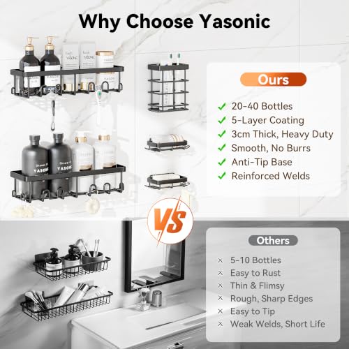 Image of YASONIC Shower Caddy Adhesive, 100% Rustproof Shower Organizer with Soap and Toothbrush Holder, Large Capacity Shower Shelves for Inside Shower, No Drill Shower Storage for Home (5 Pack Black)