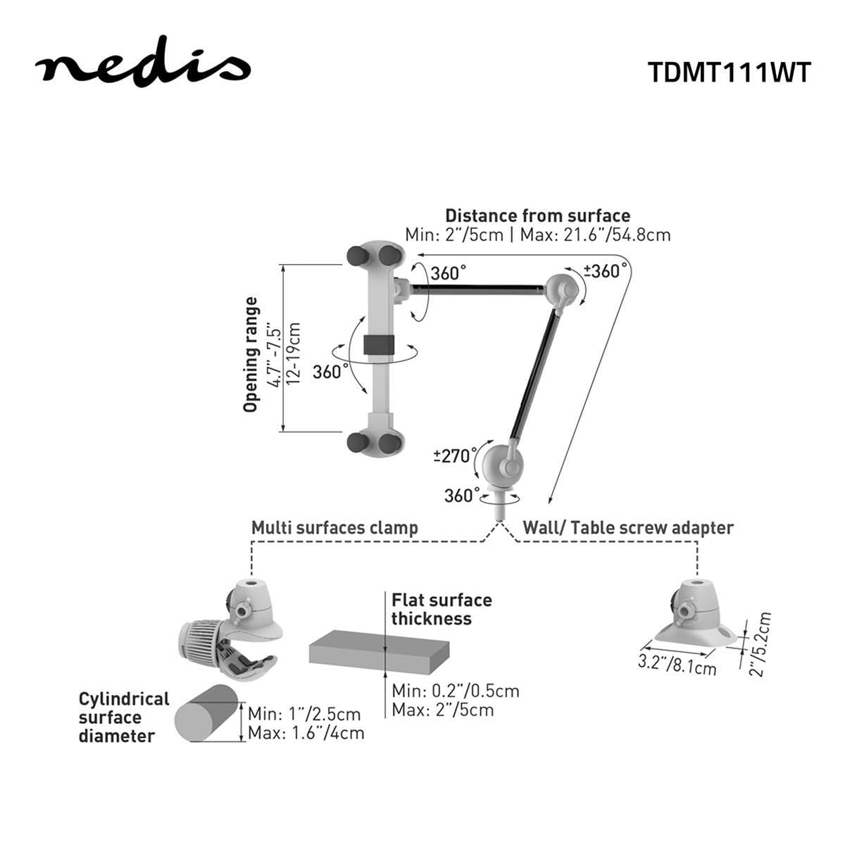 "NEDIS – uchwyt na tablet i smartfon – składane ramię – średnica ekranu 4–12" – interaktywny – ruchomy w zakresie 360° – uniwersalny – maks. 1 kg – cztery okrągłe uchwyty", TDMT111WT, biały/metal