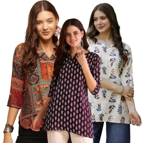Image of Women's Printed Short Kurti Tops Rayon Cotton Blend Tunic Combo