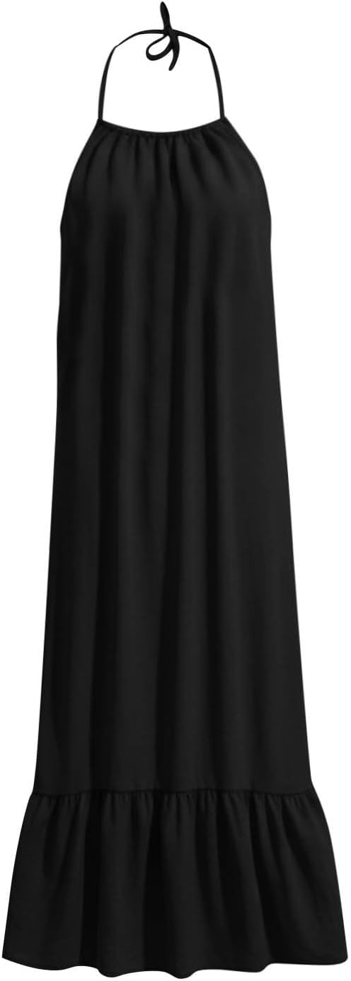 Backless Cami Dresses for Women Spaghetti Strap Linen Halter Dress Summer Casual Flowy Loose Maxi Sundresses - Image 6