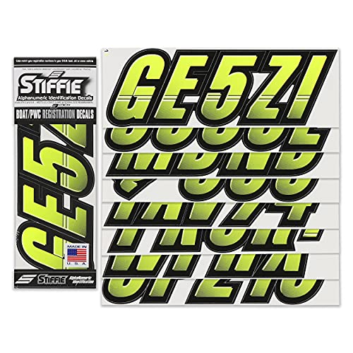 Image of STIFFIE Techtron Day Glow Yellow /Black 3 inch Boat & PWC Registration Decals • Numbers Letters Stickers