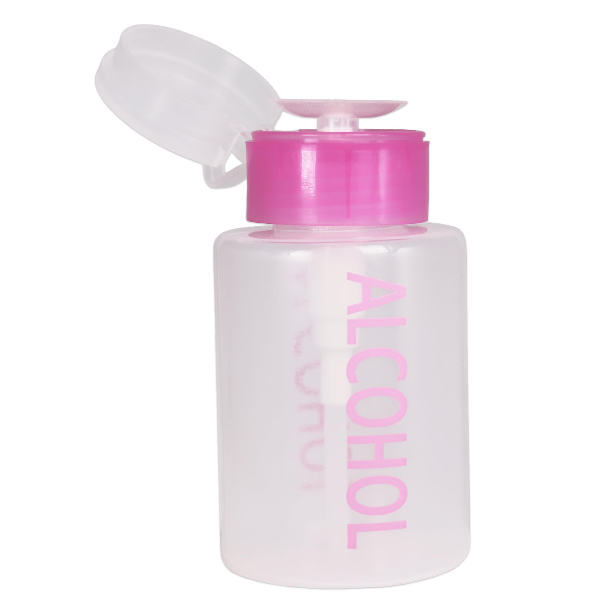 Beauticom Push Down Alcohol Dispenser- Clear Empty Bottle- Labeled - 6 Oz Bottle (PINK)