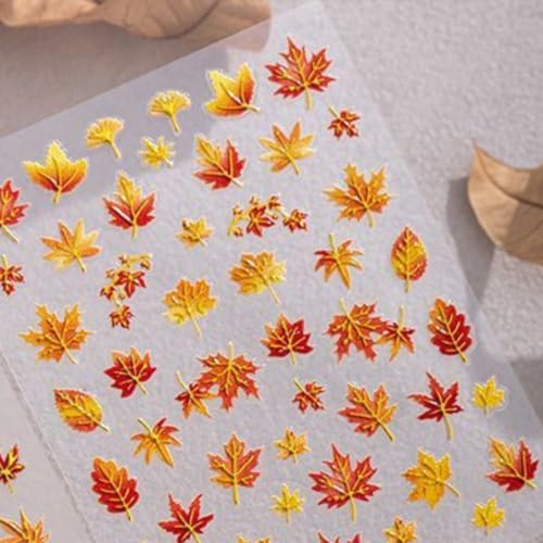 Image of Autumn Maple Leaf Nail Stickers 5D Embossed Fall Nail Decals for Nail Art | Gold Red Leaves Nail Art Stickers with Design Self Adhesive Nails Charms Supply for Women Manicure Decoration Accessories