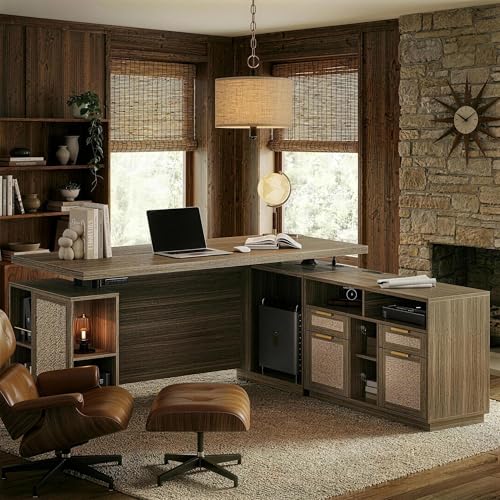 Image of 70 inch Standing Desk with File Cabinet, L Shaped Electric Height Adjustable Desk with AC /USB，Privacy Panel, Computer Executive Corner Table for Home and Office, Natural Oak
