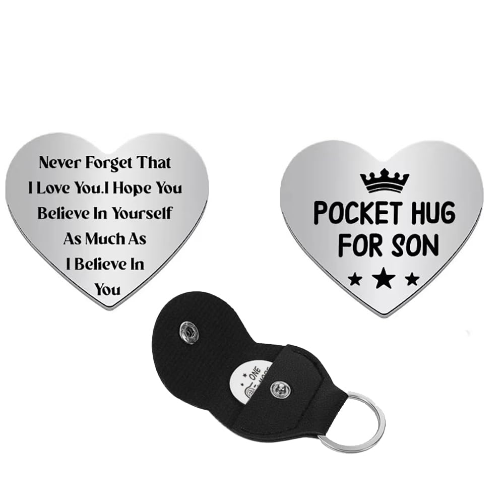 Handmade Heart Shaped Pocket Hug Tokens, 1 Pcs Metal Heart Tokens, Inspirational Pocket Hug Sign Gift for Loved Ones and Friends (N+black holster)