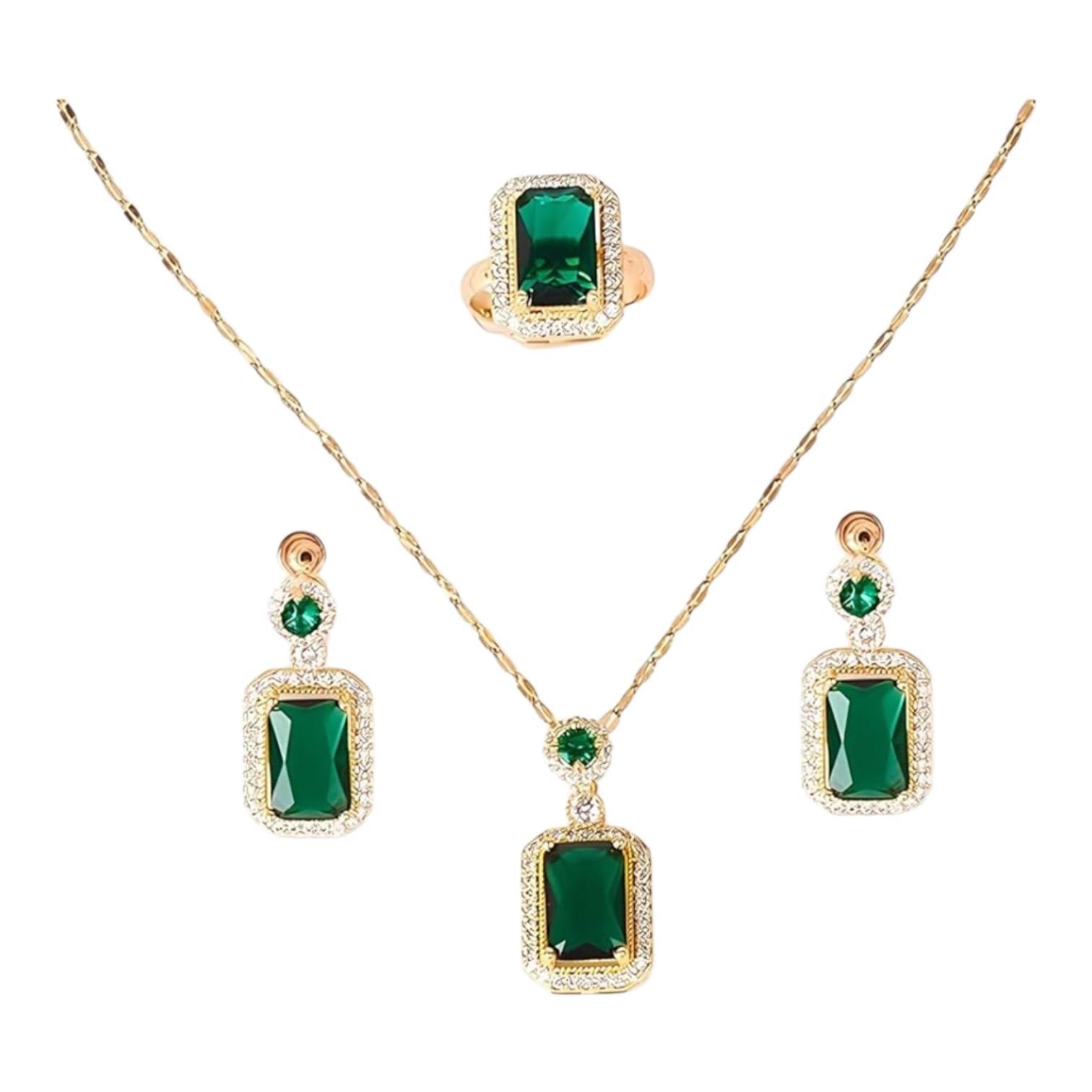 Emerald Green Stone Pendant Necklace Chain with Drop Earrings and Ring, Gold-Tone Jewellery Set-image-34