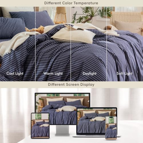 Image of MooMee Striped Duvet Cover Set 100% Washed Cotton Linen Like Queen | Relaxed Linen-like Texture. Soft, Breathable & Long-lasting Comfort. Lightweight. Hidden Zipper with 8 Interior Corner Ties