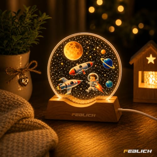 Image of 3D Acrylic LED Night Light - Warm White & Astronaut Boy FIre Design with Durable Plastic Base, Decorative Table Lamp for Bedroom, Living Room, Kids Room, Study & Home Decor Gifting