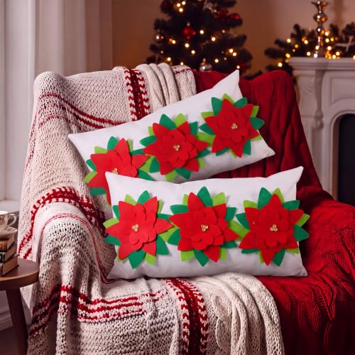 Image of SiliFine 2 Christmas Poinsettia Pillow Cover 14x24 Stereo Flower Pillowcase