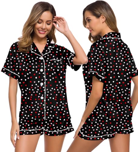 Image of SWOMOG Womens Silk Satin Pajamas Set Two-piece Pj Sets Sleepwear Loungewear Button-Down Pj Sets Heart Collage White Piping & Buttons Large