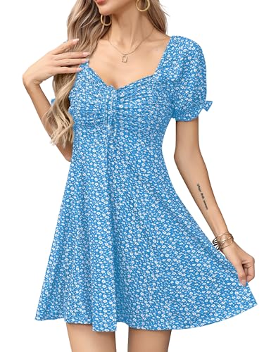 Missufe Women's Puff Short Sleeve Fit and Flare Casual Drawstring Floral Mini Sun Dresses 2025 Summer Vacation