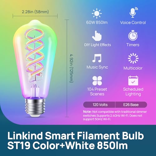 Image of Linkind Matter Smart Edison Light Bulbs, ST19 (58) Vintage Bulbs, 1 Pack | RGB Color Changing, Work with Alexa /Apple Home /Google, 2700K-6500K Warm White to Daylight, E26 LED Filament, 2.4G WiFi, 850LM