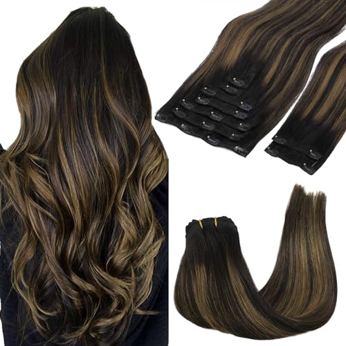 GOO GOO Clip in Hair Extensions Real Human Hair, Remy Human Hair Extensions Clip ins for Women, Natural Human Hair, 14inch 150g 9Pcs, 1B/6/1B Balayage Natural Black to Chestnut Brown