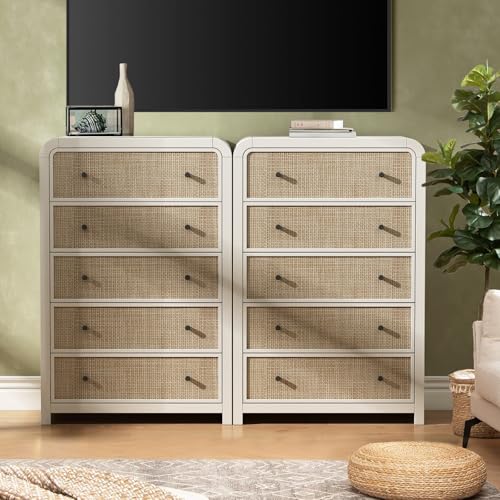 Image of Oak&Sparrow 5 Drawer Tall Dresser for Bedroom, 47'' Rattan Dresser with Ample Storage, Boho Chest of Drawers, Thickened Curved Profile Design, Oak Dressers for Bedroom, Living Room