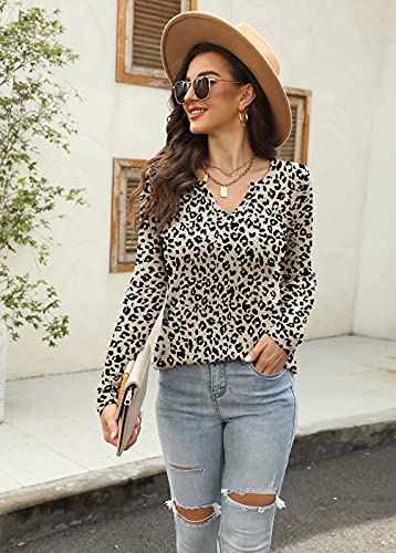 Image of Womens Leopard Waffle Knit V Neck Sweatshirt Tops Casual Long Sleeve Pullover Sweater Shirts