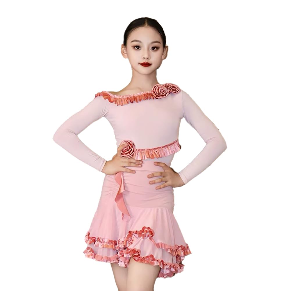 EFLALYHG Ropa de Baile para niñas y niños, Vestido de Baile Latino de Manga Larga para salón de Baile práctica actuaciones competición Disfraz