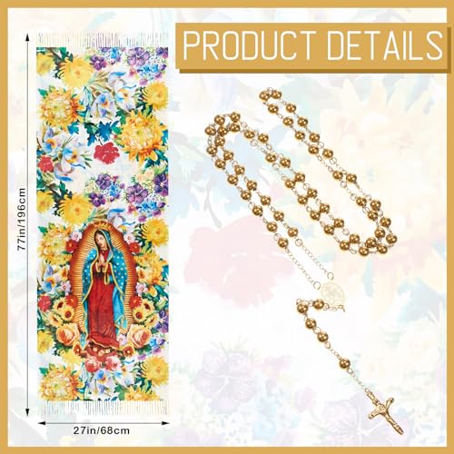 Jecery 2 Pcs Virgin Mary Long Scarf and Virgin Mary Bead Cross Necklace Virgen De Guadalup Blanket Scarf Shawls for Women (White)2