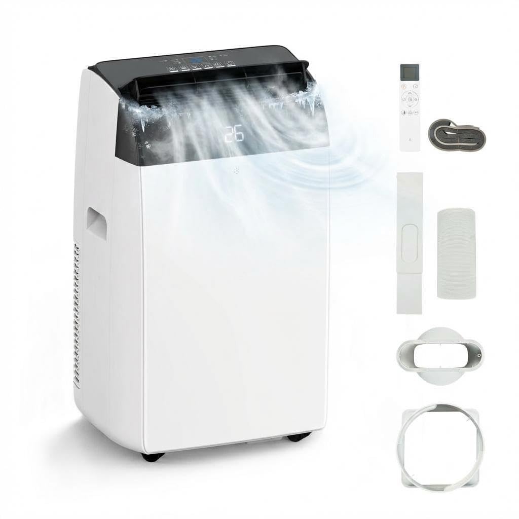 Air Conditioning Unit, 10,000 BTU Portable Air Conditioner, 3-In-1 Cooling & Dehumidifier & Cooling Fan with 2 Speeds, Mobile AC Unit with 24H Timer, Remote Control, Digital Display for >450sq.ft -Bla