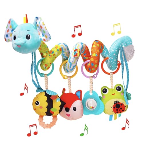 Stroller Toys, Car Seat Toys for Babies Infants 0-6 Months, Activity Spiral Plush Hanging Toy Gift for Baby Boys and Girls 0 3 6 12 Months Newborn Sensory Toy with Rattles Squeaker Music -Blue