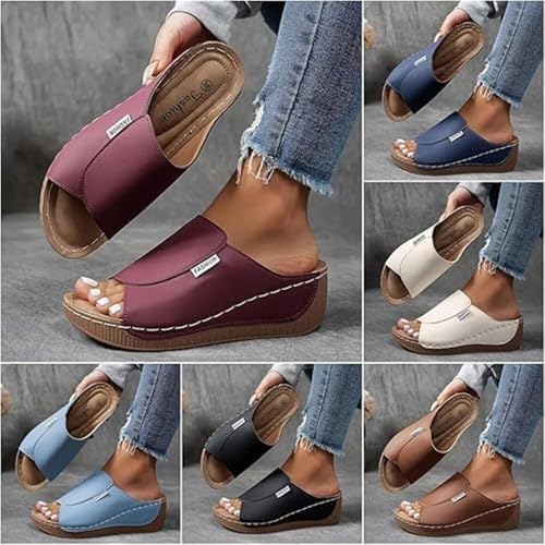 Comfortable Arch Support Slides - Women's Breathable Summer Orthotic Leather Platform Wedge Sandals Slides, Casual Slip on All Day Walking Sandal2