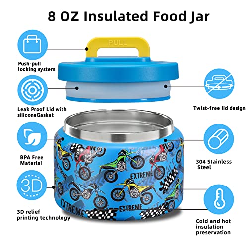 Image of JXXM 8 Oz Thermo Food Jar for Hot & Cold Food for Kids, Insulated Lunch Containers Hot Food Jar,Leak-Proof Vacuum Stainless Steel Wide Mouth Lunch Soup Thermo for School (BLUE-Locomotive)