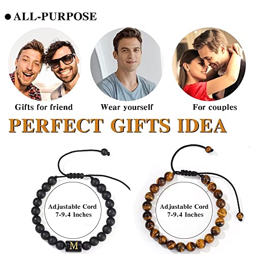 Gifts For Men Tiger Eye Bracelet, 8Mm Tiger Eye Matte Agate Stone Mens Bracelet Letter M Initial Bracelets For Men Adjustable Mens Beaded Bracelets Gifts For Men #TOP6