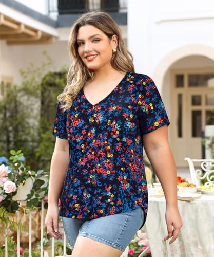 Image of RITERA Women Plus Size Tops Tie Dye V Neck Shirt Floral Camo Summer Short Sleeve Tunic Oversized Ladies Blouse XL-5XL