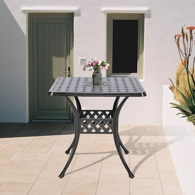 W WARMHOL Outdoor Cast Aluminum Patio Table, 30.5” Square Bistro Table with 2.2” Umbrella Hole for Patio Garden Deck Backyard
