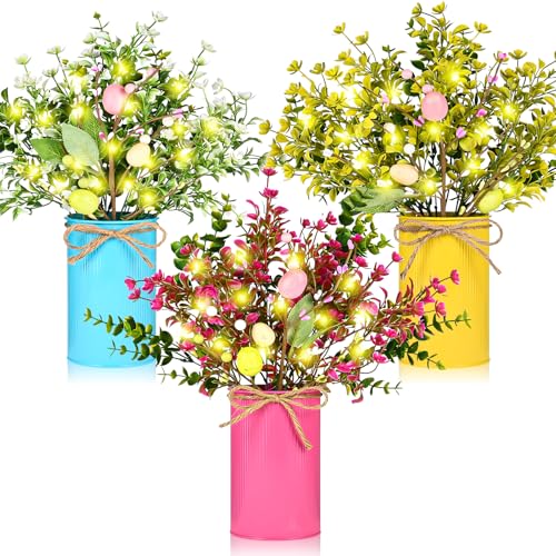 Easter-Decorations-for-Home-Artificial-Flowers-with-Vase-Easter-Centerpieces-for-Tables-Farmhouse-Coffee-Table-Decor-with-3-Egg-Picks-3-Eucalyptus-3-Fake-Flowers-3-Metal-Vase-and-3-LED-Light-String Easter Decorations for Home Artificial Flowers with Vase Easter Centerpieces for Tables Farmhouse Coffee Table Decor with 3 Egg Picks 3 Eucalyptus 3 Fake Flowers 3 Metal Vase and 3 LED Light String