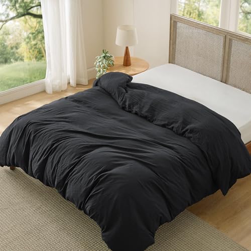 Image of Bedsure Prewashed Black Duvet Cover King Only, Cotton-Like Feel | 1 Duvet Cover Only, No Pillow Shams, Ultra Soft, Relaxed Texture, Zipper Closure, 8 Corner Ties, Year-Round, Easy Care