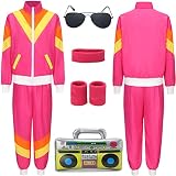 80er Jahre Kostüm Trainingsanzug Pop Art für Retro Stil Bad Geschmack Party Assi Anzug Proll Anzug Assi Jahre 80er 90er Jahre Outfit Kleidung Accessoires für Damen Herren Jogginganzug Rosa G046L