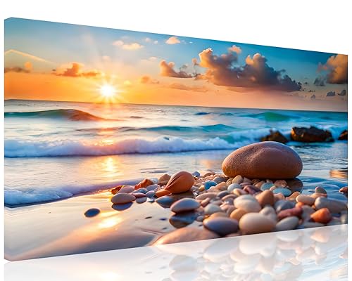 TutuBeer 1 Panel Beach Pictures Wall art Beach Pictures Blue Sea Sunset White Ocean with Stone Print on Canvas Ocean Picture Wall Decor for Home Decor Decoration Ready to Hang 12x24inch