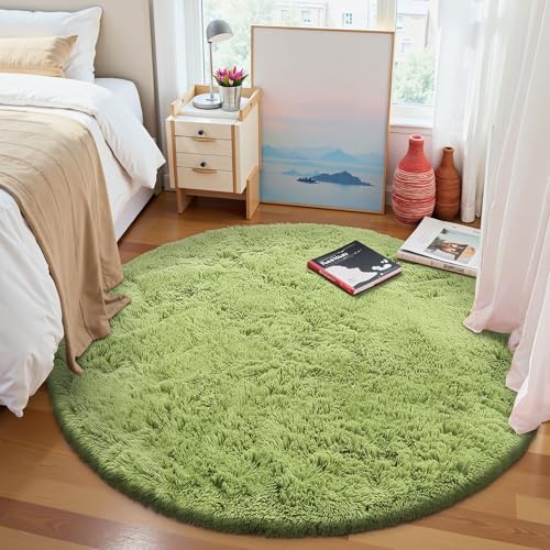 OLANLY Grass Green Round Rugs for Bedroom - Machine Washable, 5 ft Circle Area Rugs for Living Room, Soft and Fluffy Shaggy Carpet for Teen Girls and Boys, Nursery Rooms, Dorms, Home Decor Aesthetic