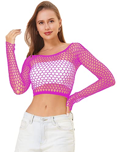 LemonGirl Women Fishnet Long Sleeve Top Lingerie Babydoll Chemise Mesh Shirt One Size US2-16 Rose