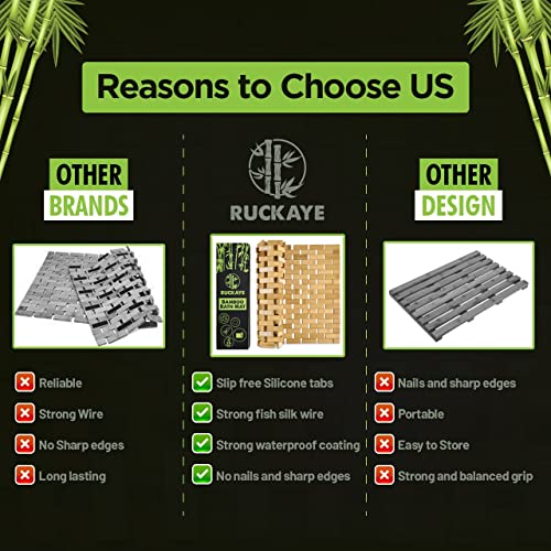 Ruckaye Bamboo Bath Mat 24x16 Inches with Silicone Grip Pads – Foldable, Waterproof, Slip Resistant Bamboo Shower Mat for Bathroom, Sauna, Spa, Kitchen & Outdoors– Environment Friendly Bamboo Mat Ruckaye Bamboo Bath Mat 24x16 Inches with Silicone Grip Pads – Foldable, Waterproof, Slip Resistant Bamboo Shower Mat for Bathroom, Sauna, Spa, Kitchen & Outdoors– Environment Friendly Bamboo Mat
