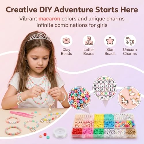 Image of SANNIDHI Bracelet Making Set, Clay Beads Kit, Macaron Color Beads for Bracelet Making for Girls Kids, Letter Beads with Unicorn Pendants, Crystal Star Flower Hair Beads Set for DIY Jewellery Crafts