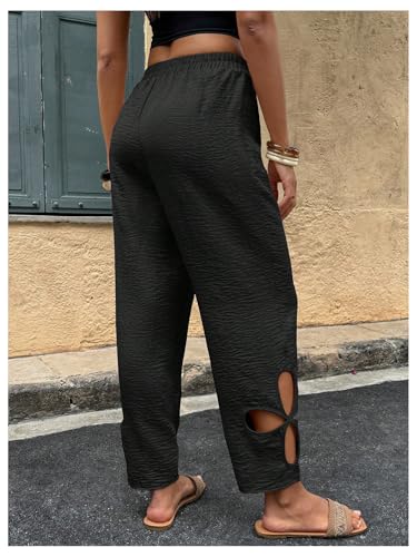 Floerns Women's Floral Cut Out Boho Pants Elastic Waist Vacation Casual Trousers3