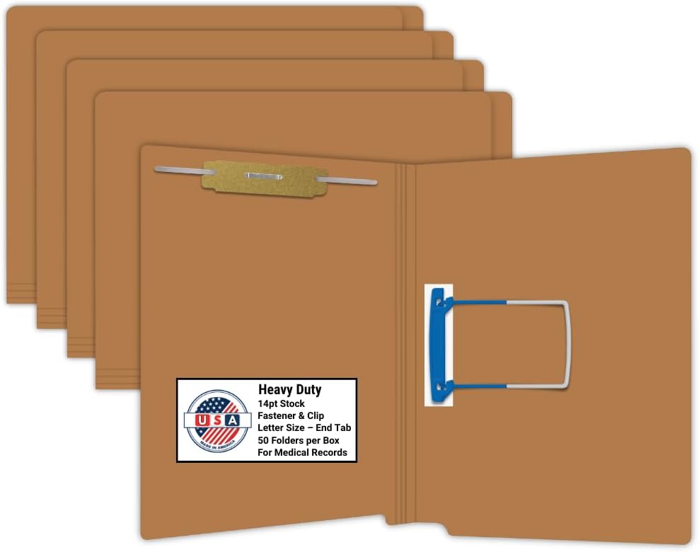 Brown End Tab File Folders with 2" Bonded Fastener in Position 3 and Jalema Clip in Position 5 for Medical Records, Doctor Stuff, 14pt Reinforced Letter Size Shelf Filing System, Box of 50