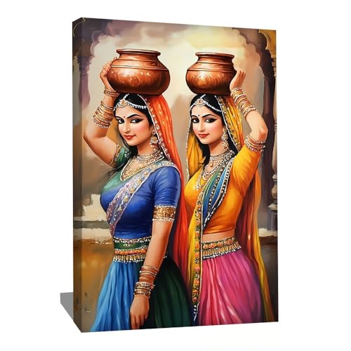 Tableau Femme Indienne - Impression Sur Toile Colorée - Décoration Murale Indienne - Tableau Décoratif Contemporain - Décoration Murale Salon Oriental -...