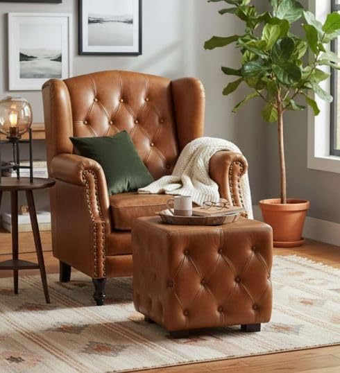 Royal Wood Furnishings/Wingback Leather Armchair | Button Tufting High Back Chair + Footrest Wing Chair Design Chesterfield Maharaja Chair-image-25