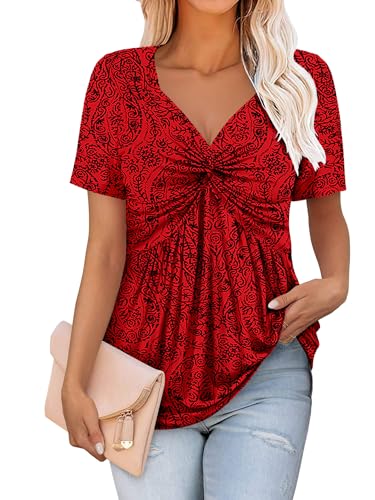 ONLYSHE Womens V Neck Shirts Short Sleeve Tops Front Knotted T Shirt Casual Solid&Floral Tunic Summer Henley Tees Blouse2