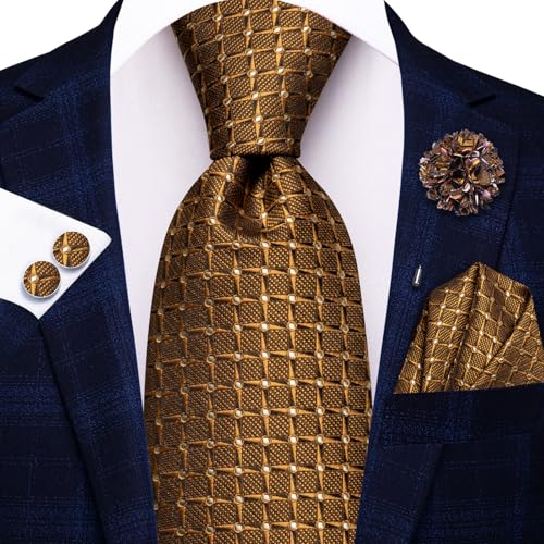 Image of Hi-Tie Men Silk Ties Set with Flower Lapel Pin Necktie Pocket Square Cufflinks for Tuxedo Wedding Business