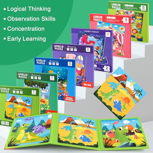 Image of ASTARON Magnetic Puzzles for Toddlers, 9-12-16 Pieces Animal World Learning Magnet Puzzles for Road Trip, Educational Travel Toys Car Plane Activities for Kids, Kids Birthday Gifts | Folding puzzle book, each book contains 3 scenes, 3 difficulty levels, advanced puzzle book, easy to store, educational toy